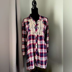 Plaid and Crochet Button up Long Sleeve Short Dress Medium Navy Blue Maroon Red